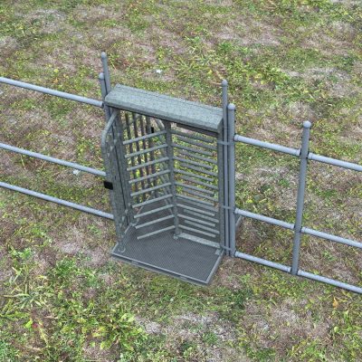 www.TURNSTILES.us - Single Turnstile on Portable Base in Fence Line w Barbed Wire 2